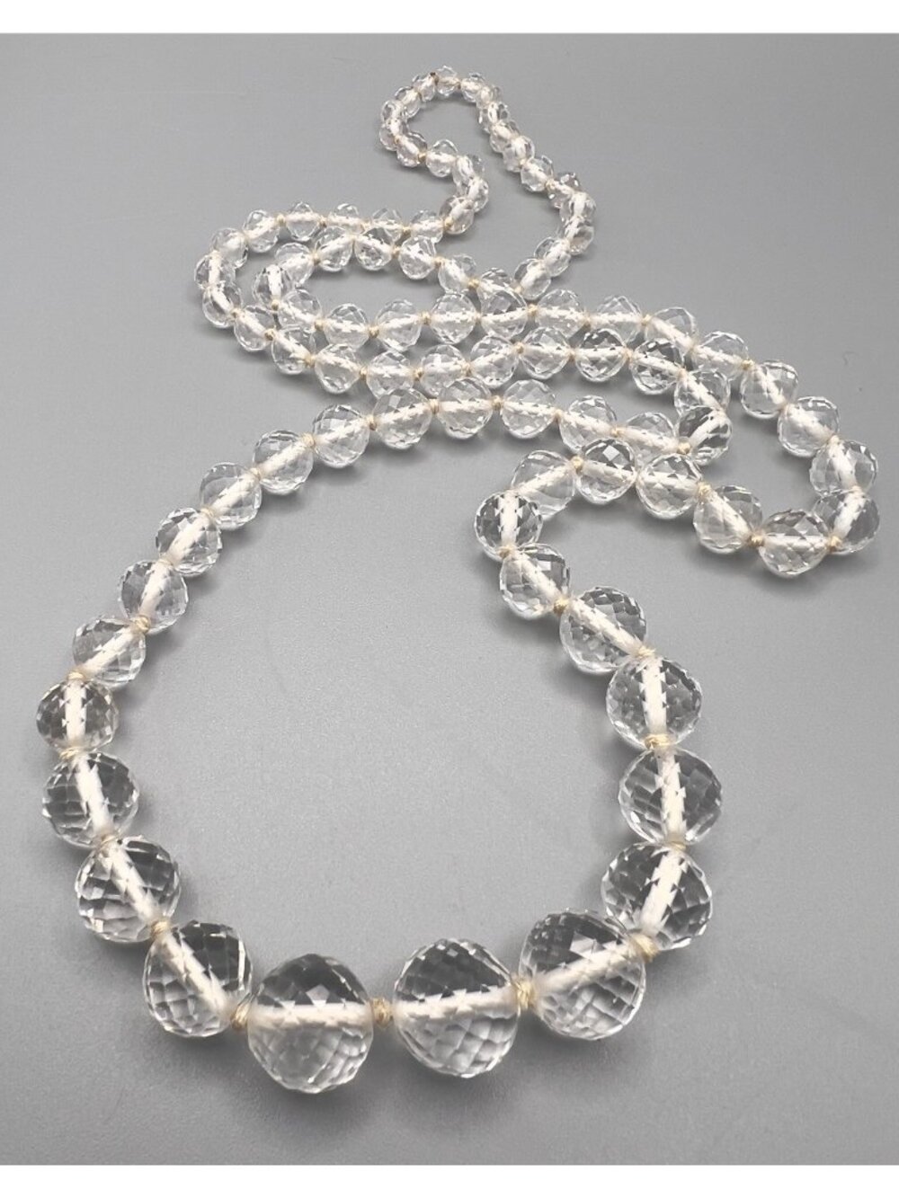 Vintage Art Deco Faceted Rock Crystal Graduated Long 34” Hand Knotted Necklace